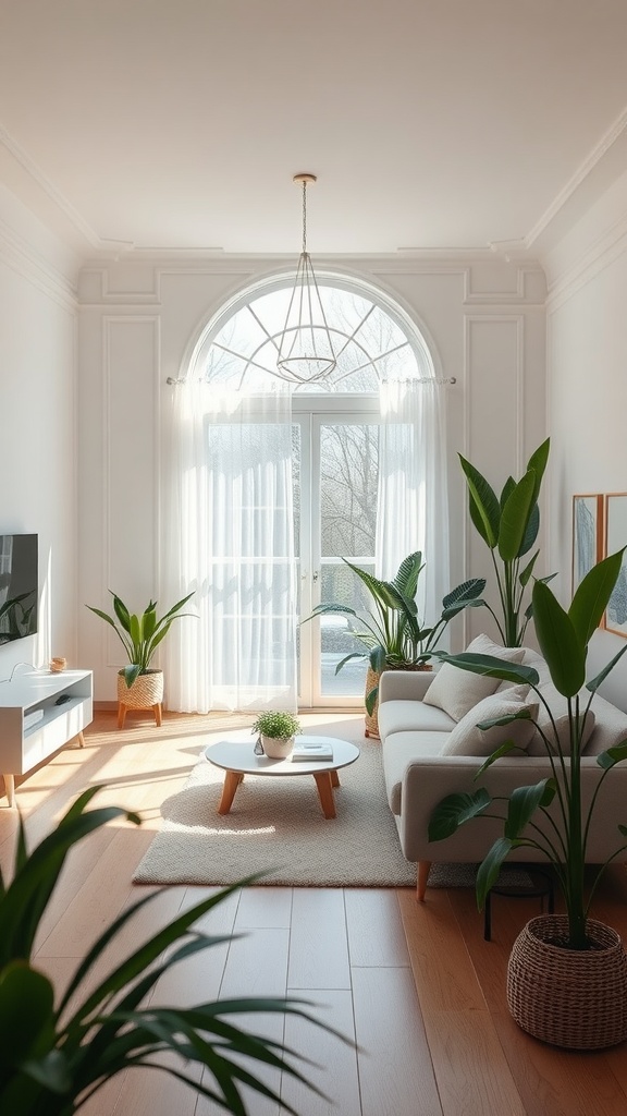 A bright, minimalist living room with large windows, a cozy sofa, and greenery.