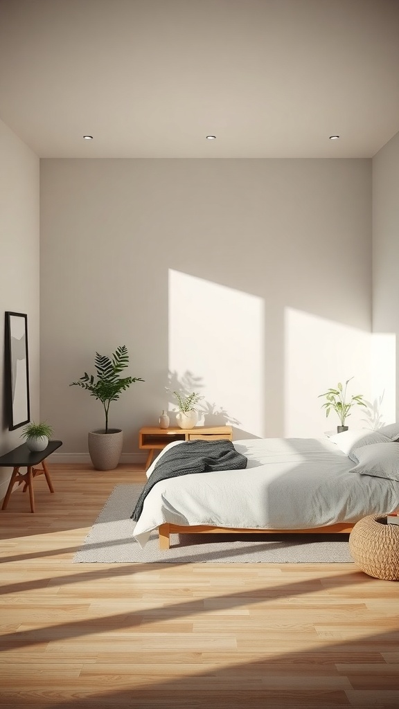 A minimalist bedroom with wooden flooring, a low bed, plants, and natural light.