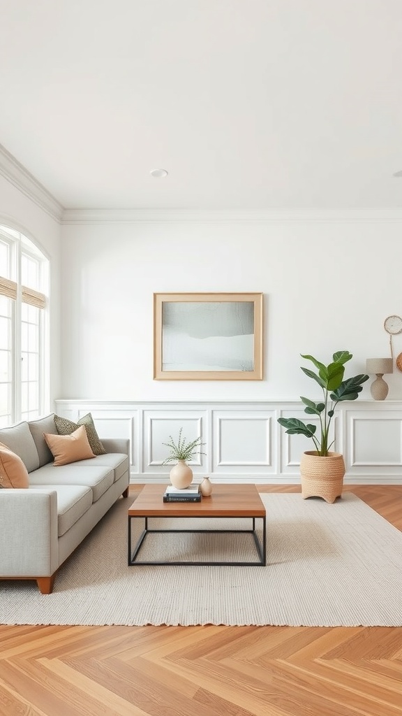 A minimalistic living room showcasing wainscoting, with a light color palette, a sofa, and a coffee table.