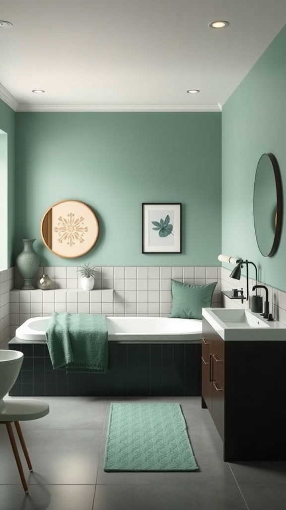 A stylish bathroom featuring mint green walls and dark green tiles, with modern fixtures and decor.