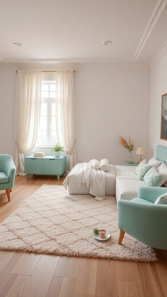 A soft pastel bedroom featuring mint green accents with chairs and a cabinet, complemented by light curtains and a fluffy rug.