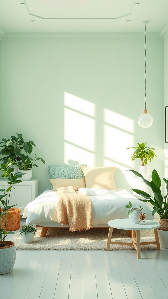 A cozy mint green bedroom featuring a comfortable bed, plants, and soft natural light.