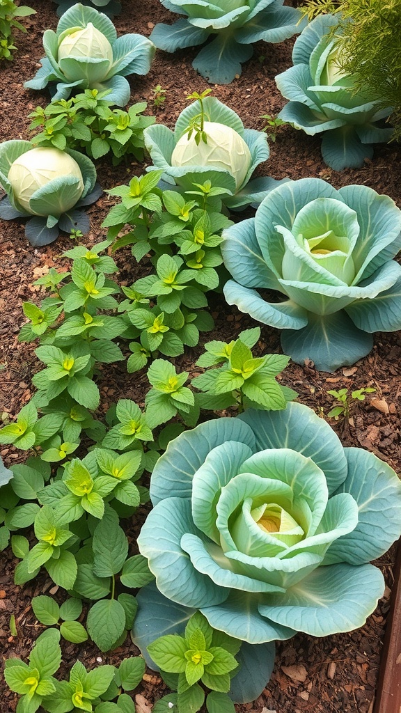 A garden bed with green cabbages surrounded by lush mint plants.