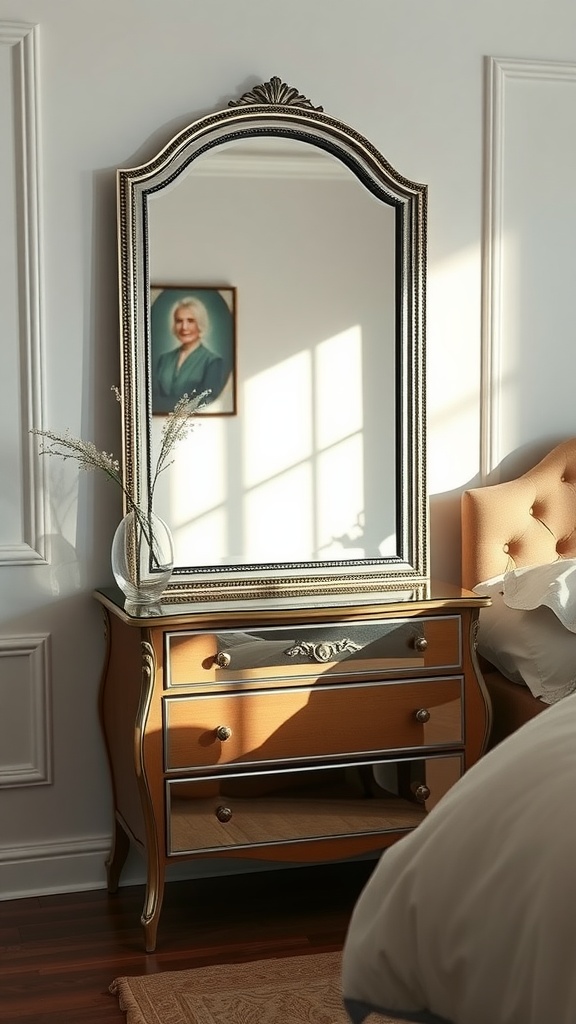 An elegant dressing table with a large mirror, featuring warm tones and decorative elements.