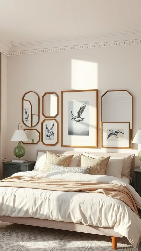 A stylish bedroom featuring a combination of mirrors and framed bird art on the wall, creating a cozy and inviting atmosphere.