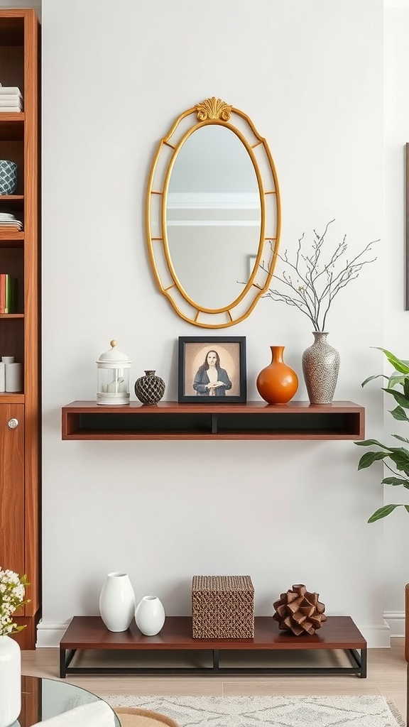 A stylish living room setup featuring a golden oval mirror above a wooden shelf with decorative items.