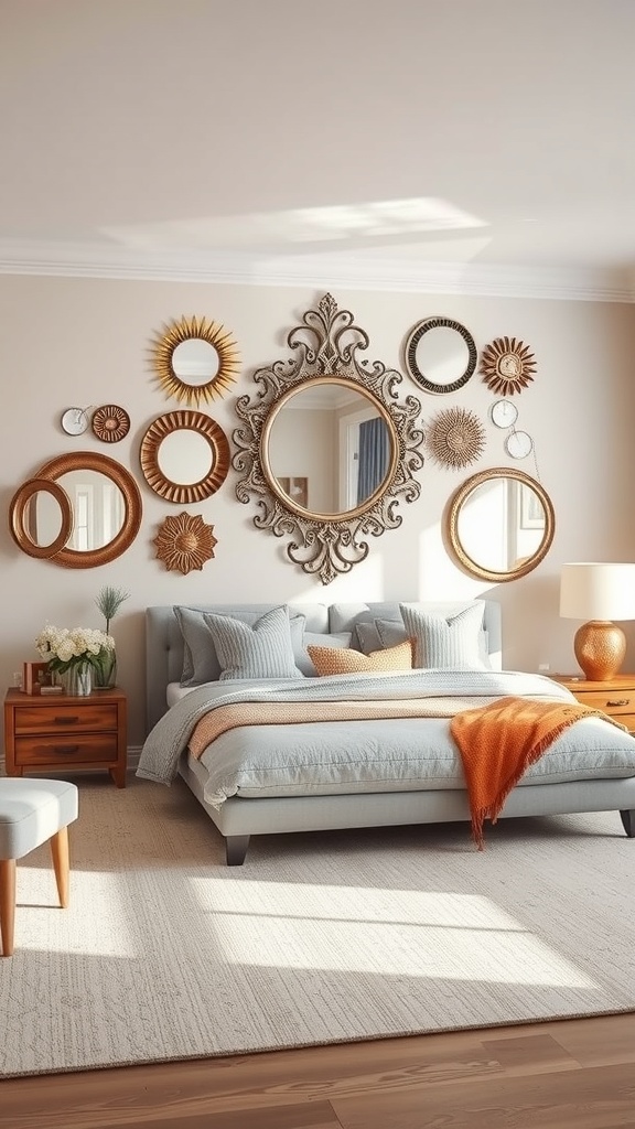 A stylish living room wall featuring a variety of decorative mirrors in different shapes and sizes.