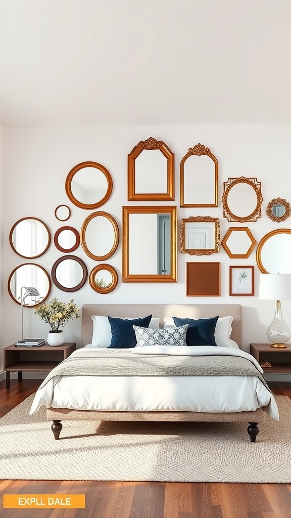 A stylish mirror gallery wall featuring various mirrors in different shapes and sizes, framed in warm tones, above a bed in a cozy living room.