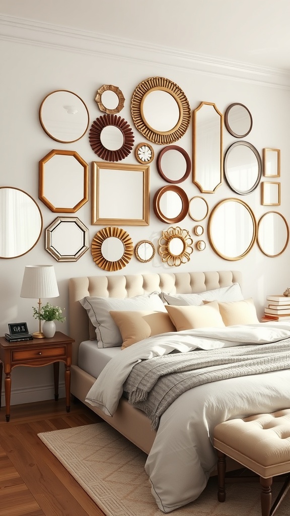 A beautifully arranged mirror gallery wall above a cozy bed, featuring various shapes and sizes of mirrors in warm tones.