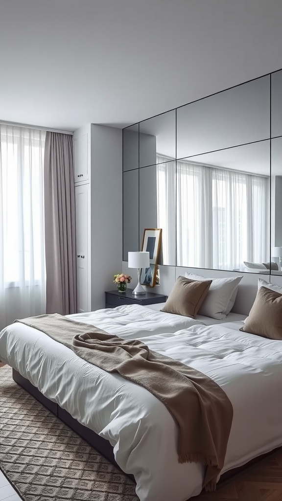 A stylish bedroom featuring a mirrored accent wall behind the bed, bright curtains, and a cozy decor.