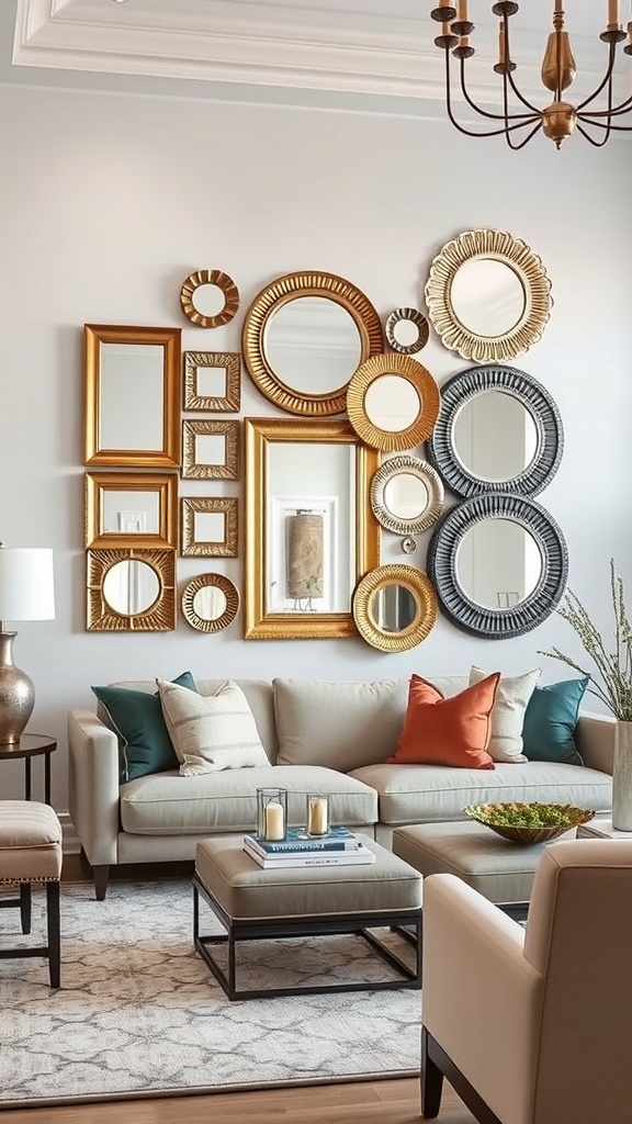 A living room with a wall of mixed mirrors in various shapes and gold and silver frames.