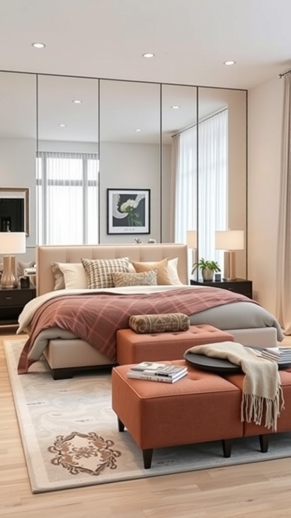 A cozy bedroom featuring a large mirrored wall, soft bedding, and warm-toned ottomans.