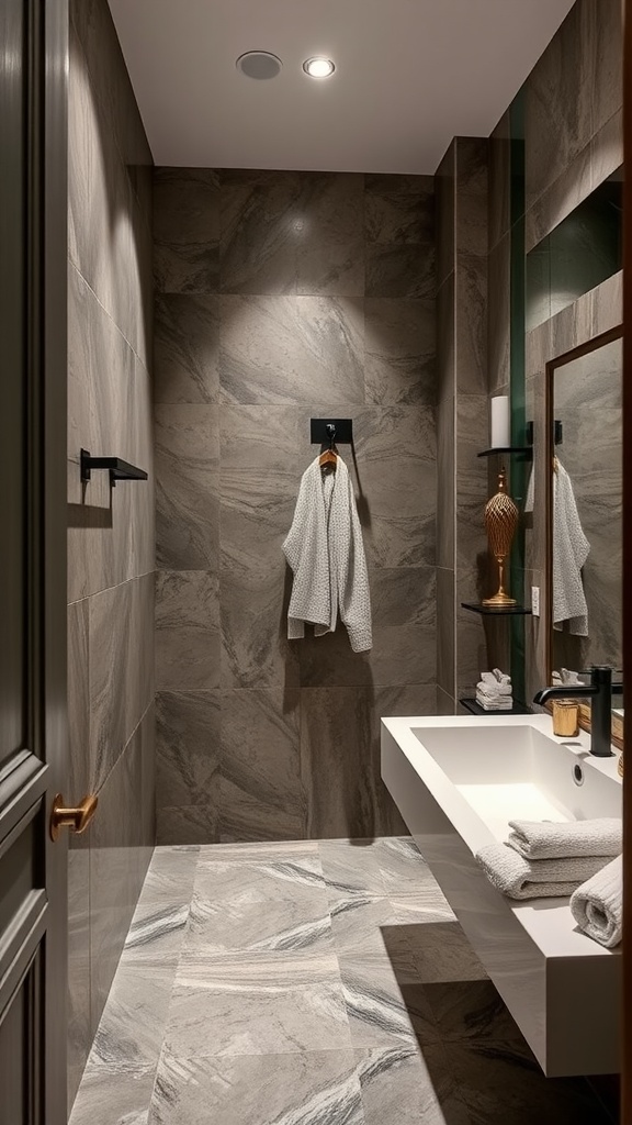 A modern bathroom with gray tiles, a minimalist sink, and a stylish mirror.