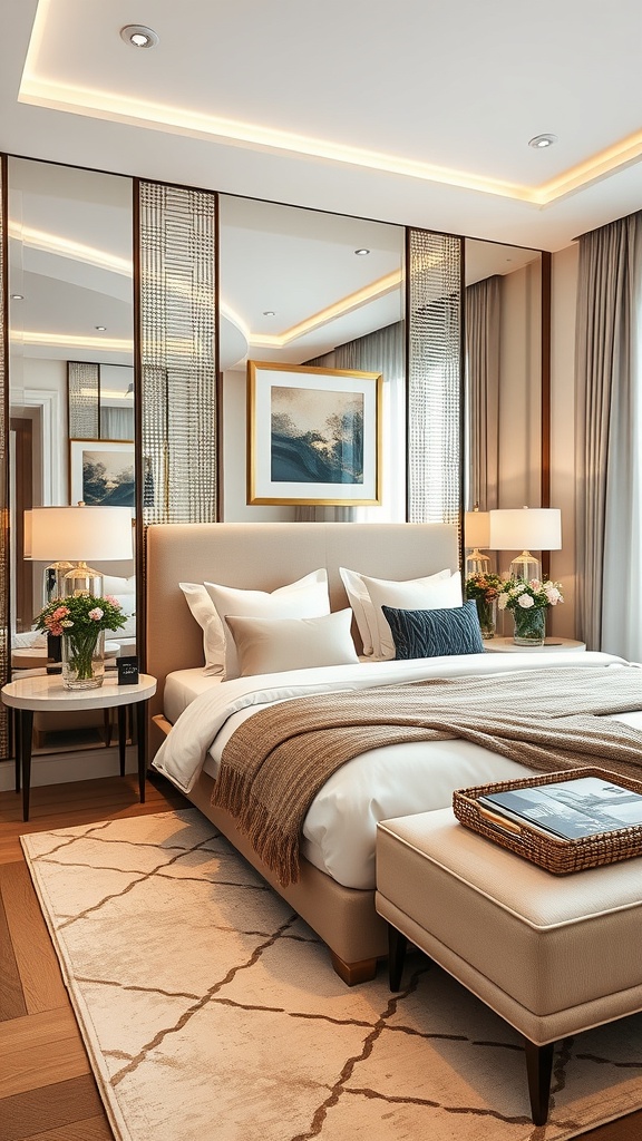 A modern Indian bedroom featuring mirrored accents, soft bedding, and warm wood flooring.