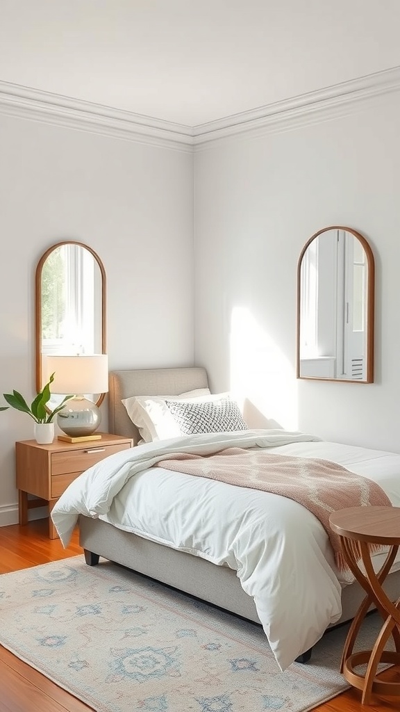 A small bedroom featuring a bed, bedside table, and two mirrors on the wall.