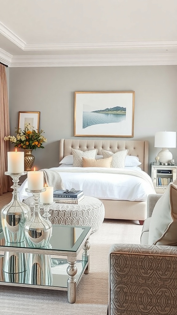 A stylish living room with a mirrored coffee table, silver vases, and candles, creating an elegant atmosphere.