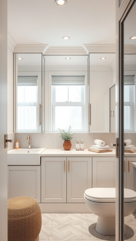 Modern bathroom with mirrored cabinets reflecting light and creating an illusion of space