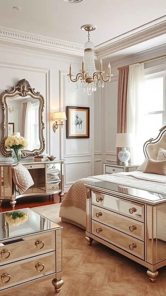 A stylish bedroom featuring mirrored furniture including a dresser, nightstand, and a mirror, with elegant decor and soft lighting.