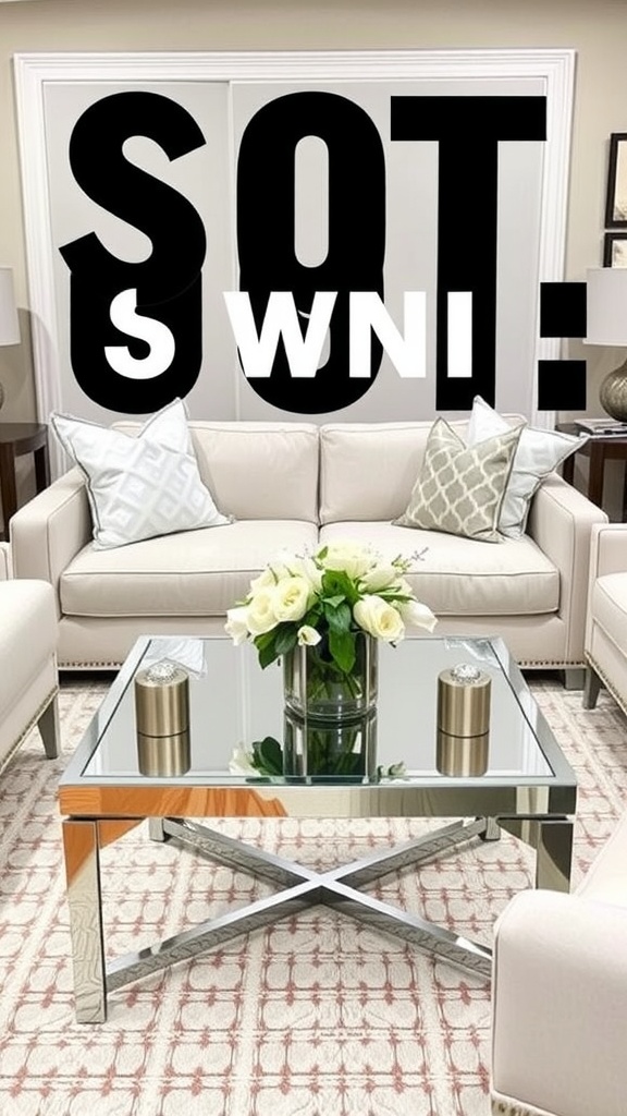 Cozy living room with a mirrored coffee table and soft seating