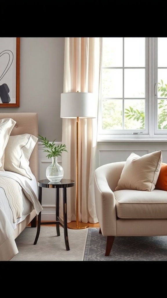 A cozy living room setup featuring a stylish armchair, a mirrored side table, and soft curtains.