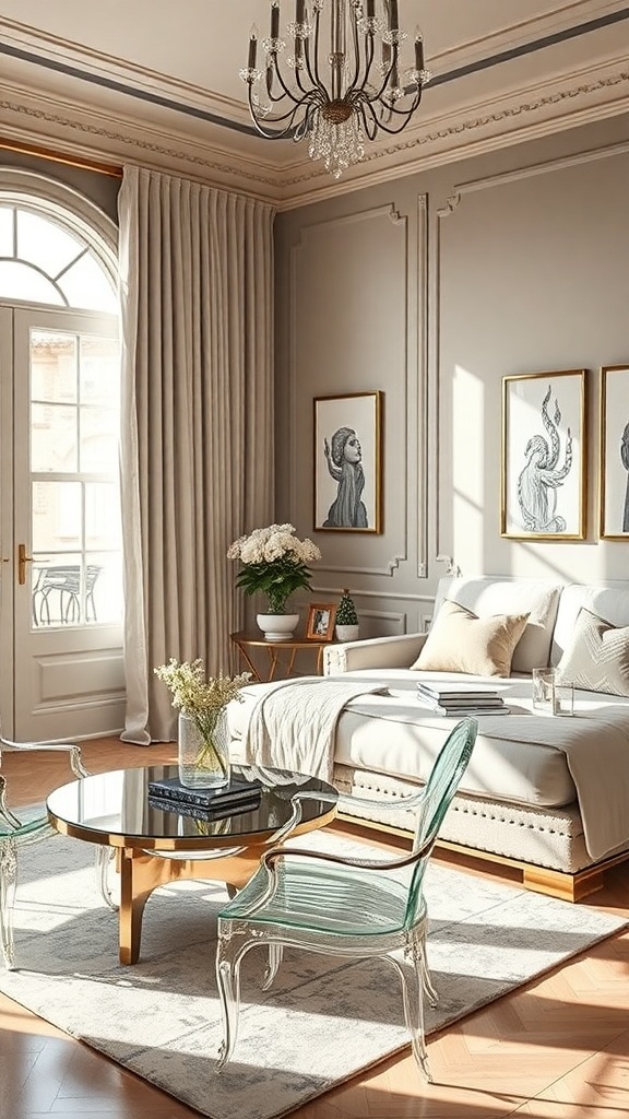A stylish living room featuring a glass coffee table, transparent chairs, and elegant decor.