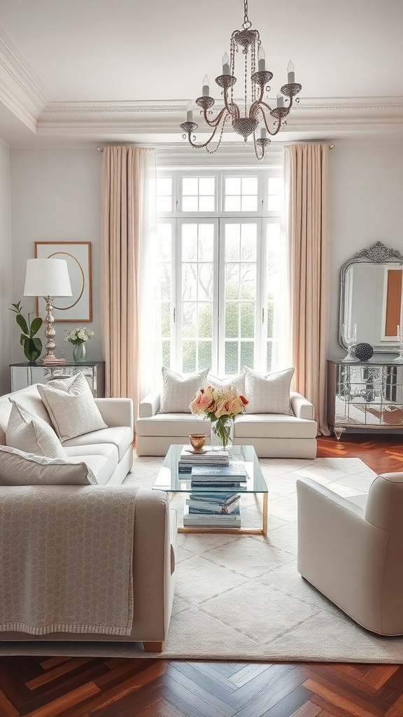 A stylish living room featuring mirrored furniture, soft curtains, and neutral decor.