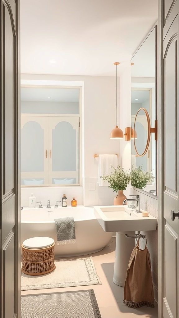 A stylish small bathroom featuring a large round mirror, modern sink, and warm lighting.