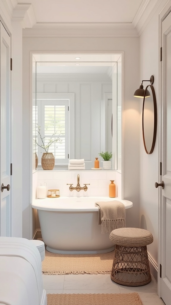 A stylish bathroom with a large mirror above a bathtub, showcasing a modern design with warm decor elements.