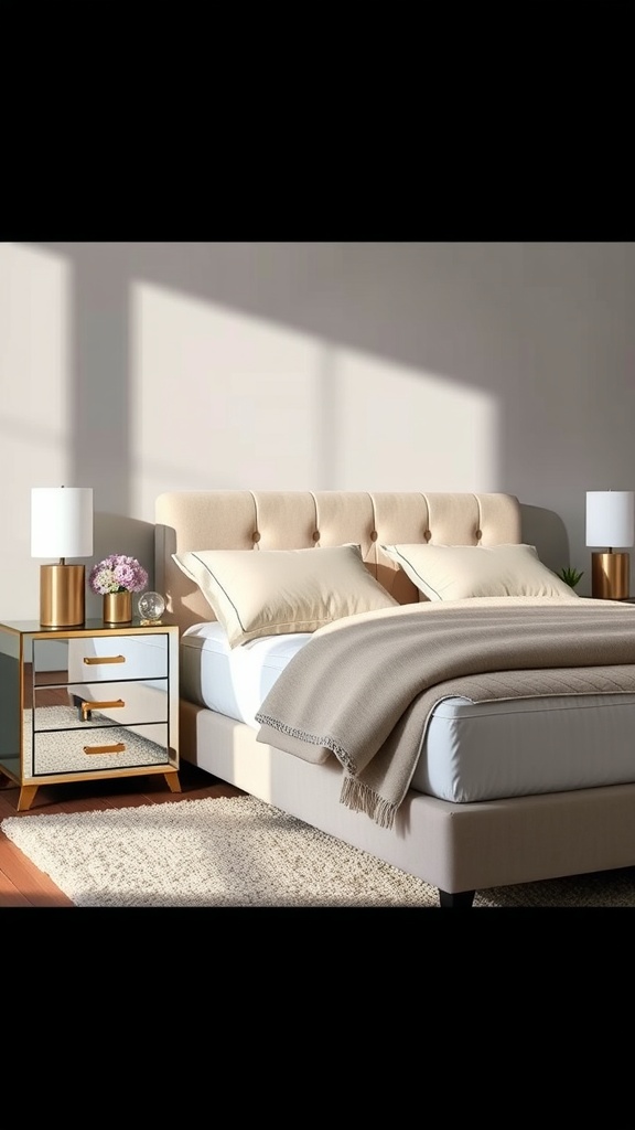 A stylish bedroom featuring a mirrored nightstand beside a bed with a beige headboard and soft bedding.