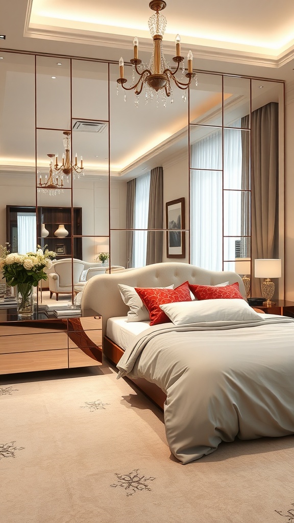 A well-decorated bedroom featuring mirrored panels on one wall, elegant chandelier, and neutral bedding with red accent pillows.