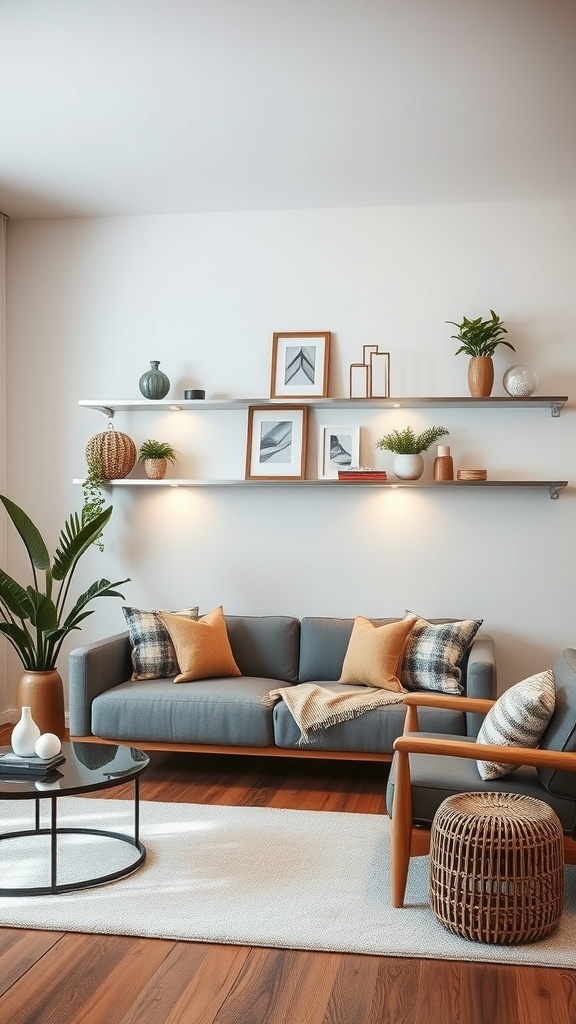 A cozy living room with mirrored shelves displaying plants and framed pictures.