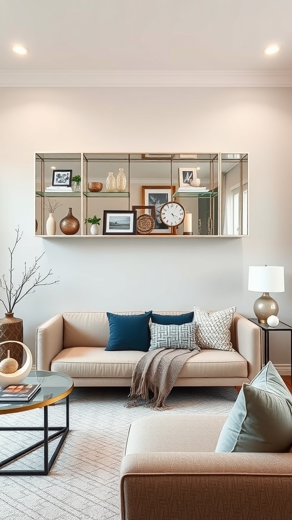A living room featuring a mirrored shelf above a sofa with decorative items.