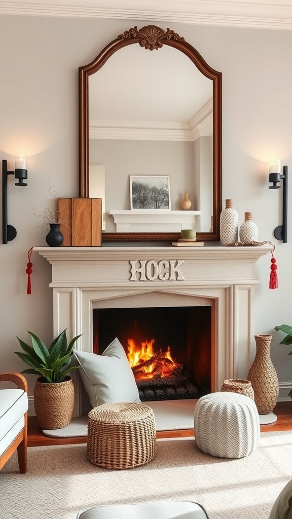 A stylish living room with a large ornate mirror above a mantel, decorated with vases and plants.