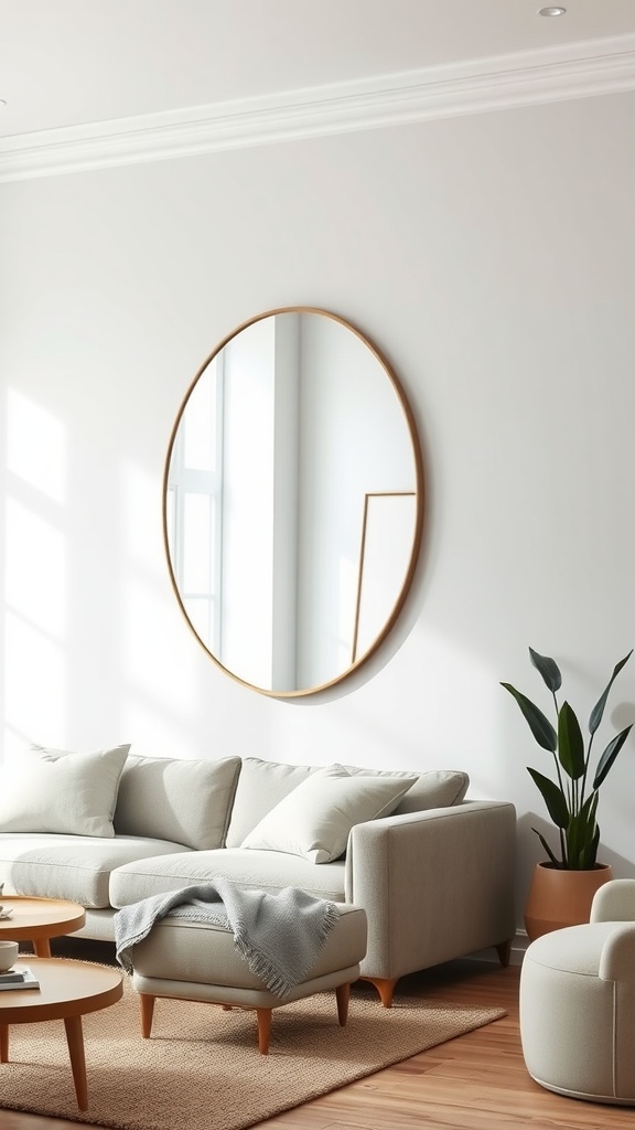 A large round mirror above a light-colored sofa in a bright living room