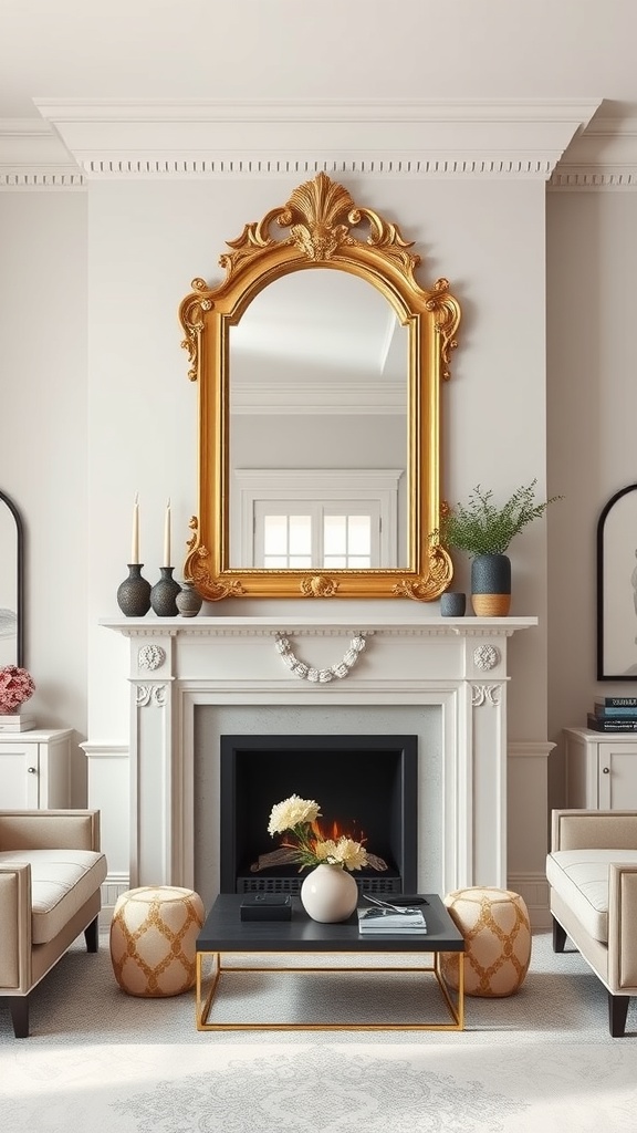 A living room featuring an ornate gold mirror above a fireplace, with stylish furniture and decor.