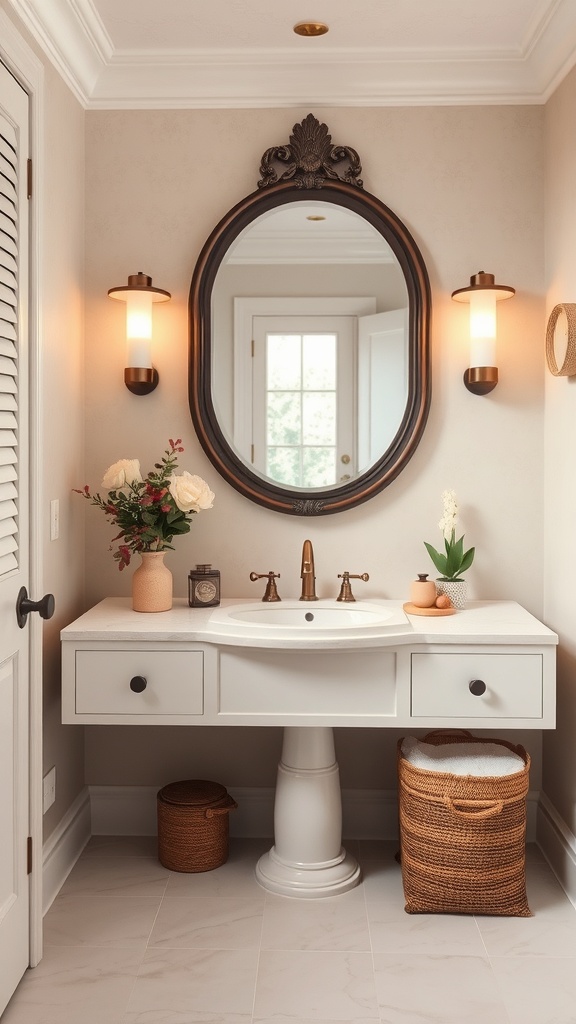 A stylish powder bathroom featuring a round mirror with a decorative frame, elegant sconces, and a clean vanity with plants and flowers.