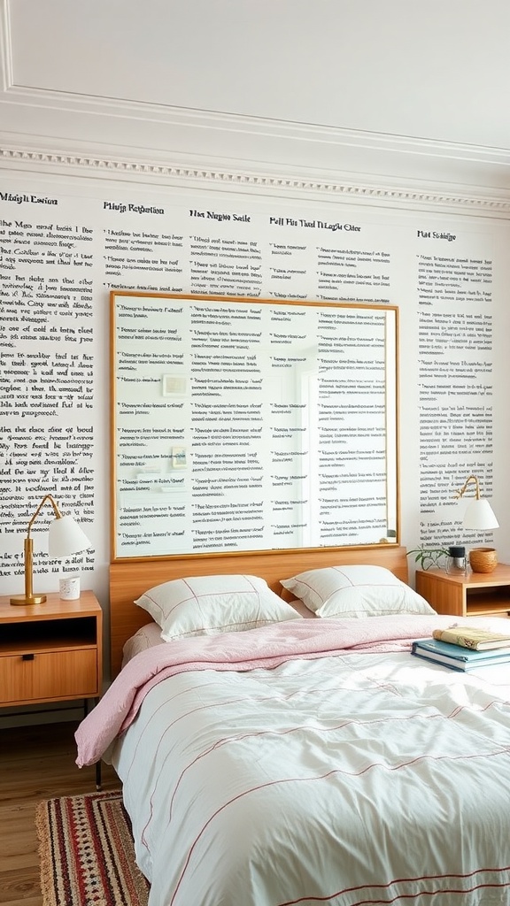 A bedroom with a mirror used as a headboard, featuring a cozy bed and decorative elements.