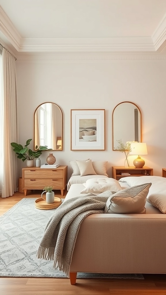 A cozy living room with neutral tones, featuring three mirrors on the wall, wooden furniture, and decorative plants.