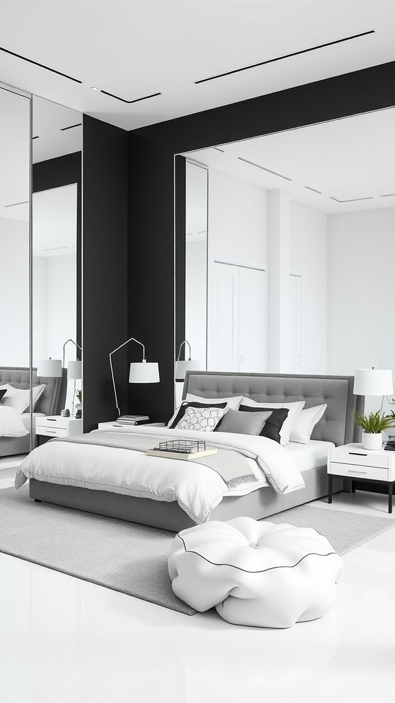 Modern monochrome bedroom with large mirrors reflecting light