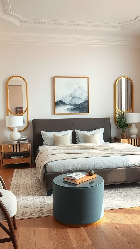 A living room featuring two mirrors framing a mountain artwork above a bed.