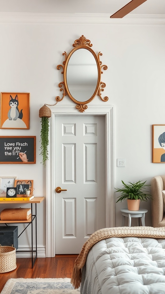 A stylish oval mirror placed above a white door in a cozy bedroom setting.