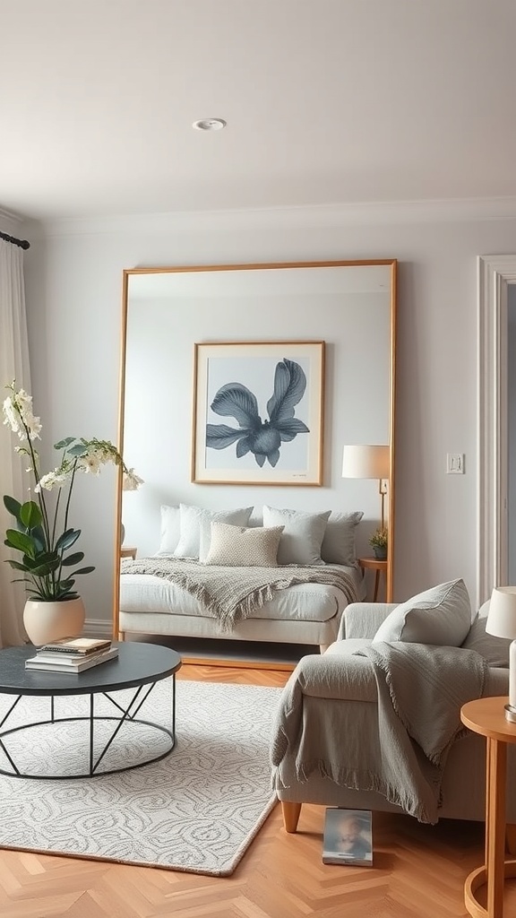 A living room with a large mirror reflecting a floral artwork, cozy furniture, and decorative plants.