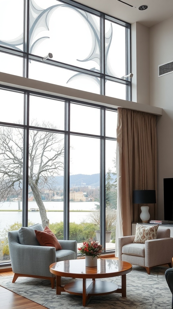 A cozy living room with large windows showcasing a view of trees and water, colorful chairs, and a round coffee table.