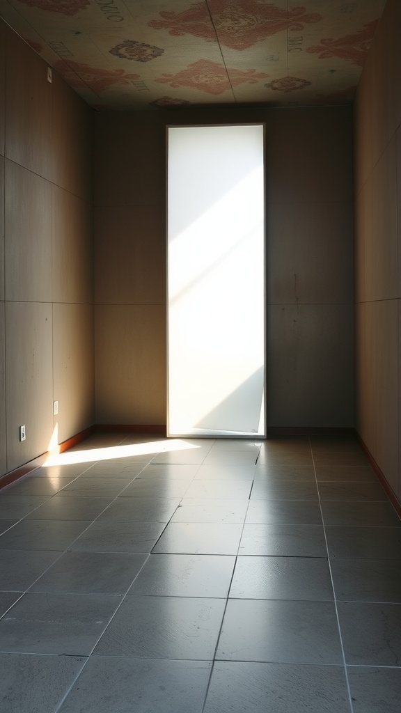 A minimalist box room with a large window letting in light.