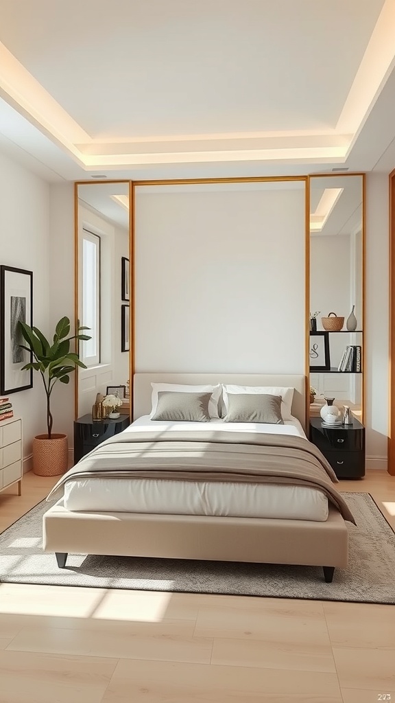 A small bedroom with a king bed, large mirrors, and warm decor.