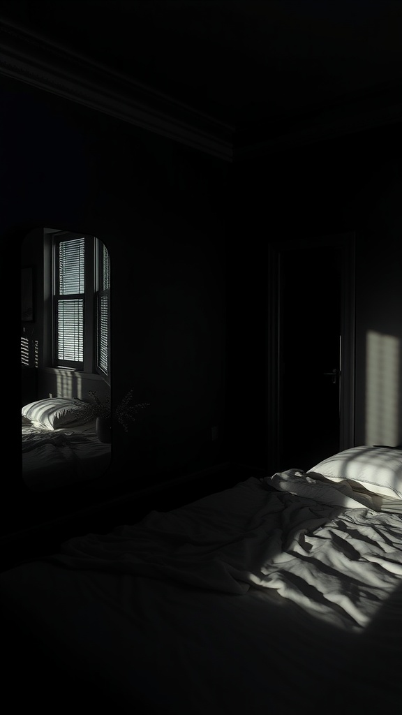 A dark cozy bedroom featuring a bed with rumpled white blankets and a mirror reflecting light from a window.