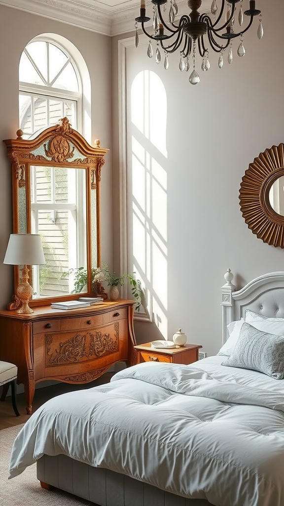 A beautifully decorated bedroom featuring a large ornate mirror and a smaller round mirror, reflecting natural light from the windows.