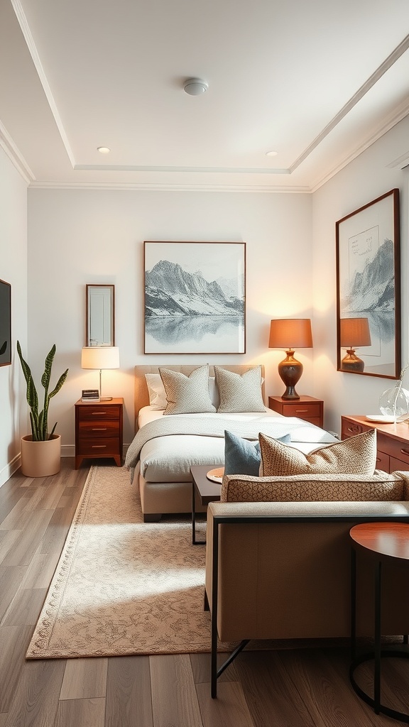 Cozy bedroom with a mirror, warm lighting, and stylish decor