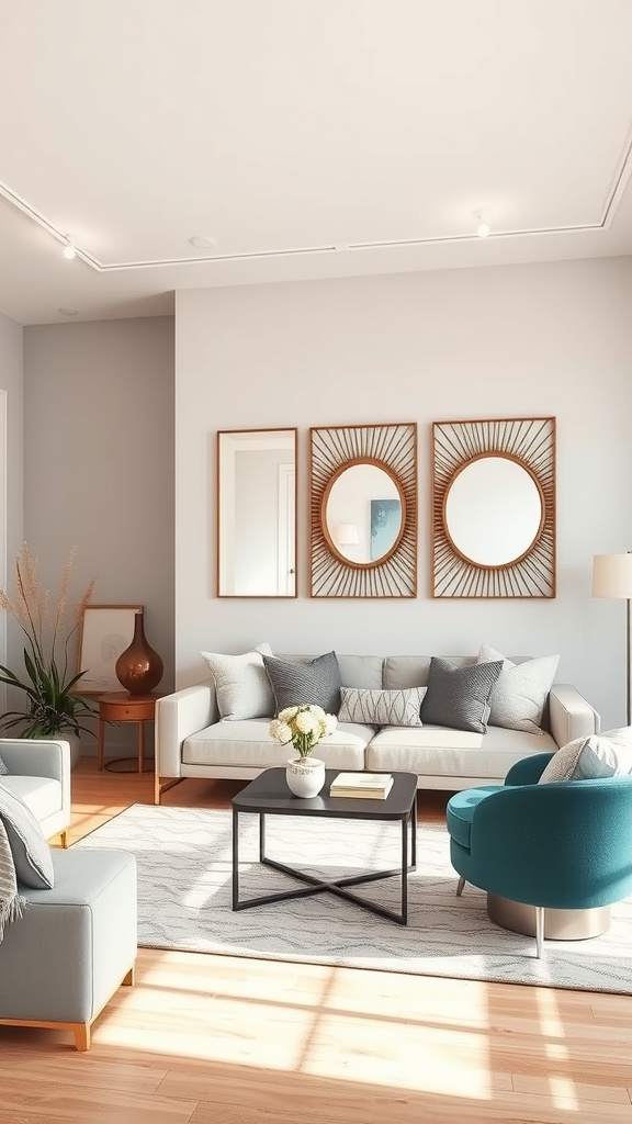 A living room featuring two artistic mirrors above a sofa, with modern decor and warm lighting.