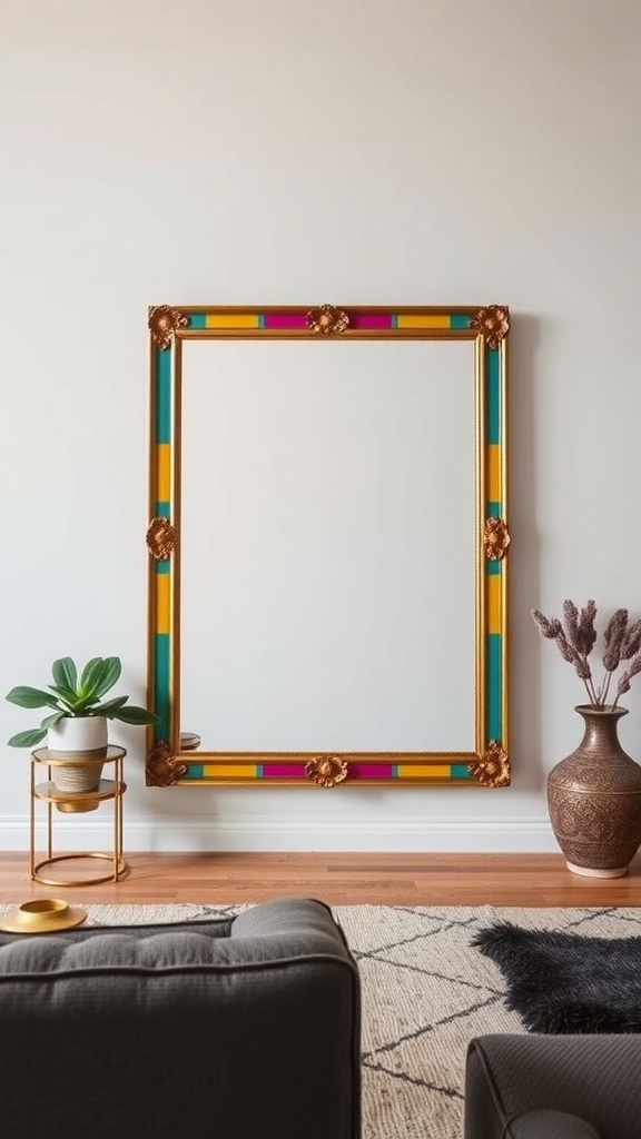 A colorful, ornate wall mirror with teal, pink, and yellow accents in a living room setting.